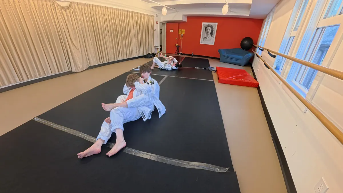 Real kids Brazilian Jiu Jitsu class at the Tannersville studio for Windham Mountain Club families