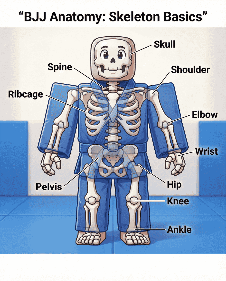 BJJ Anatomy poster showing a friendly character in a blue gi with labeled skeleton: skull, spine, ribcage, pelvis, shoulders, elbows, wrists, hips, knees, and ankles.