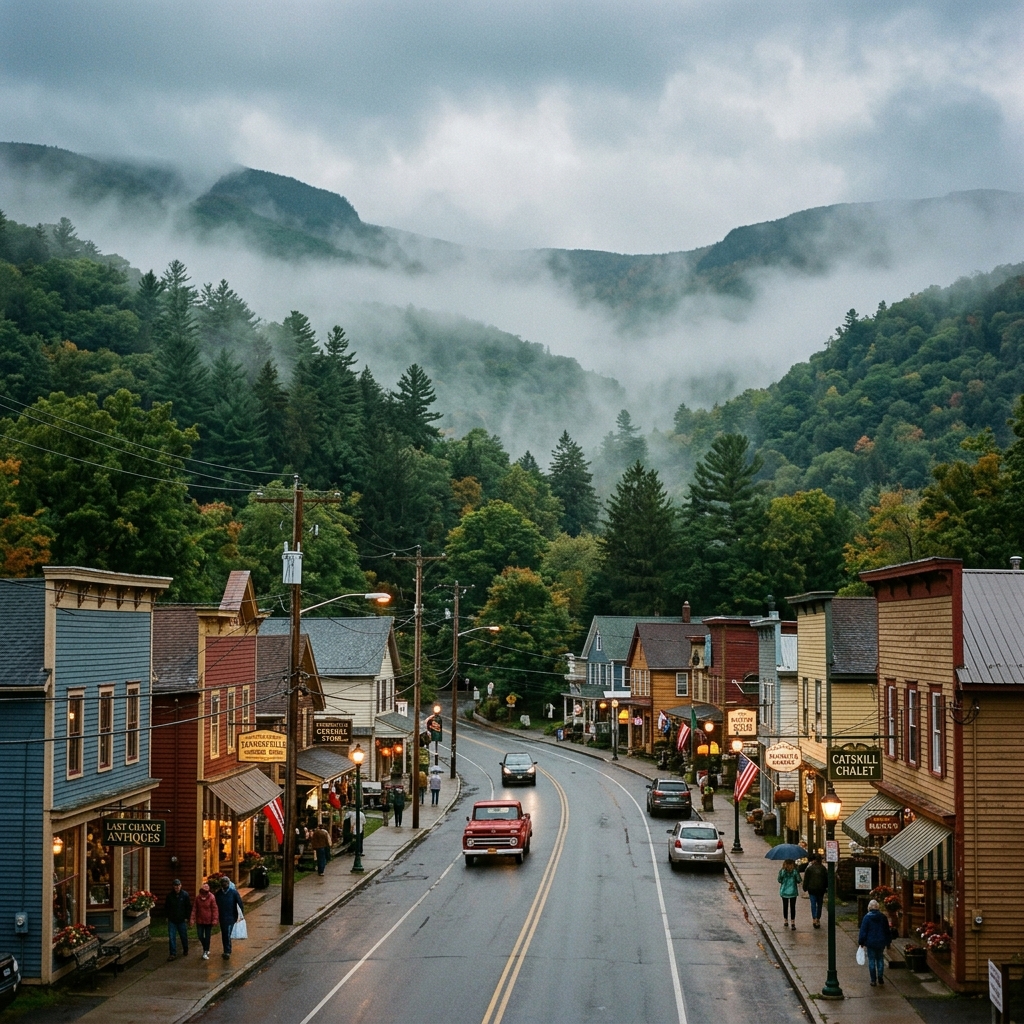 Foggy main street in Tannersville, NY, surrounded by mountain forests