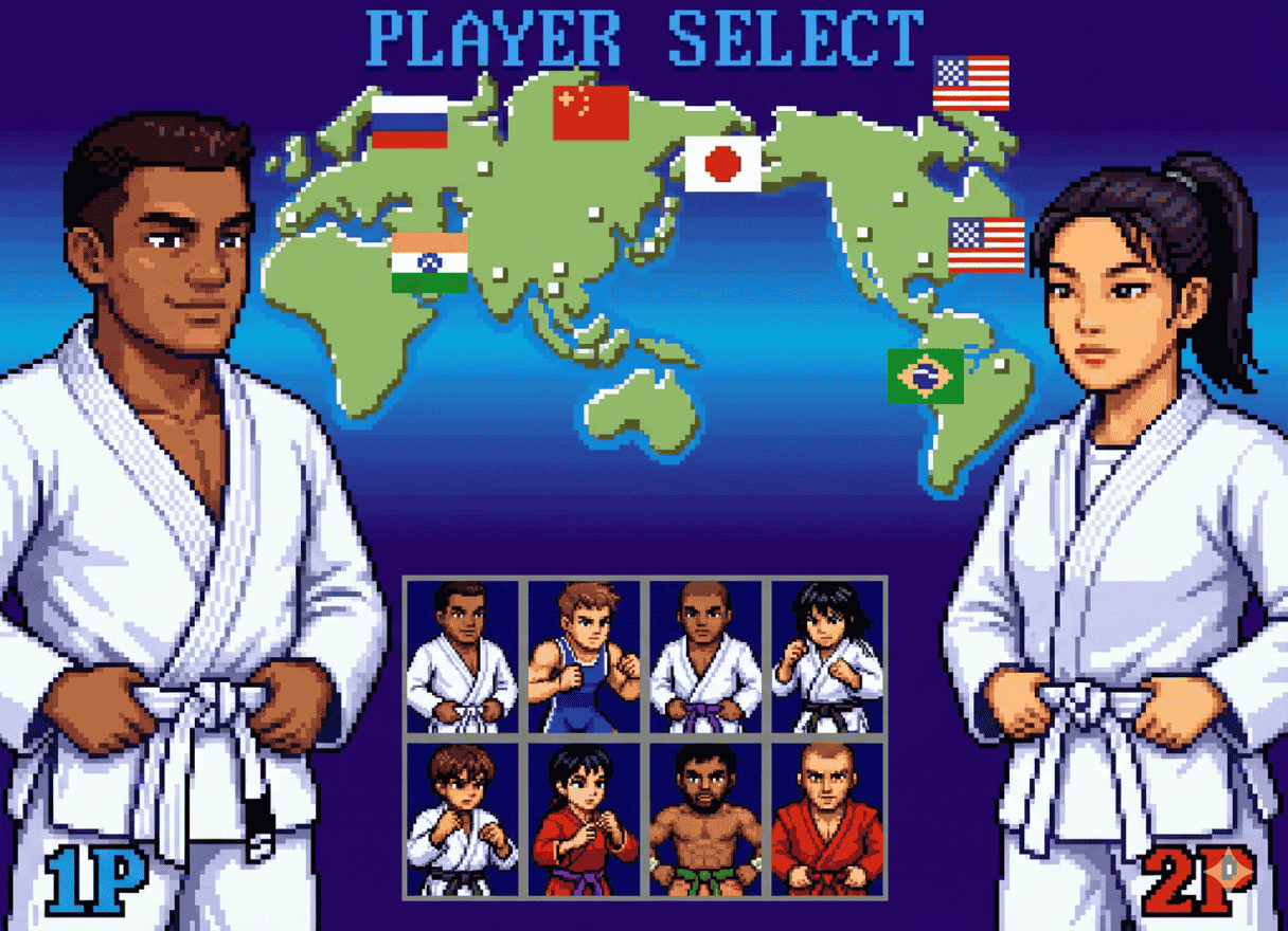 Choose your Style – retro grappling world map and characters