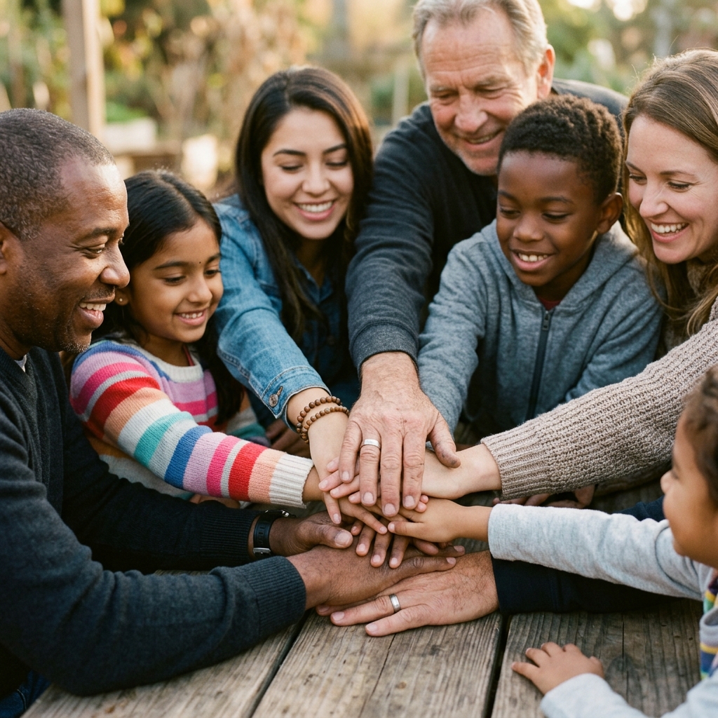 Diverse group of hands stacked together in teamwork