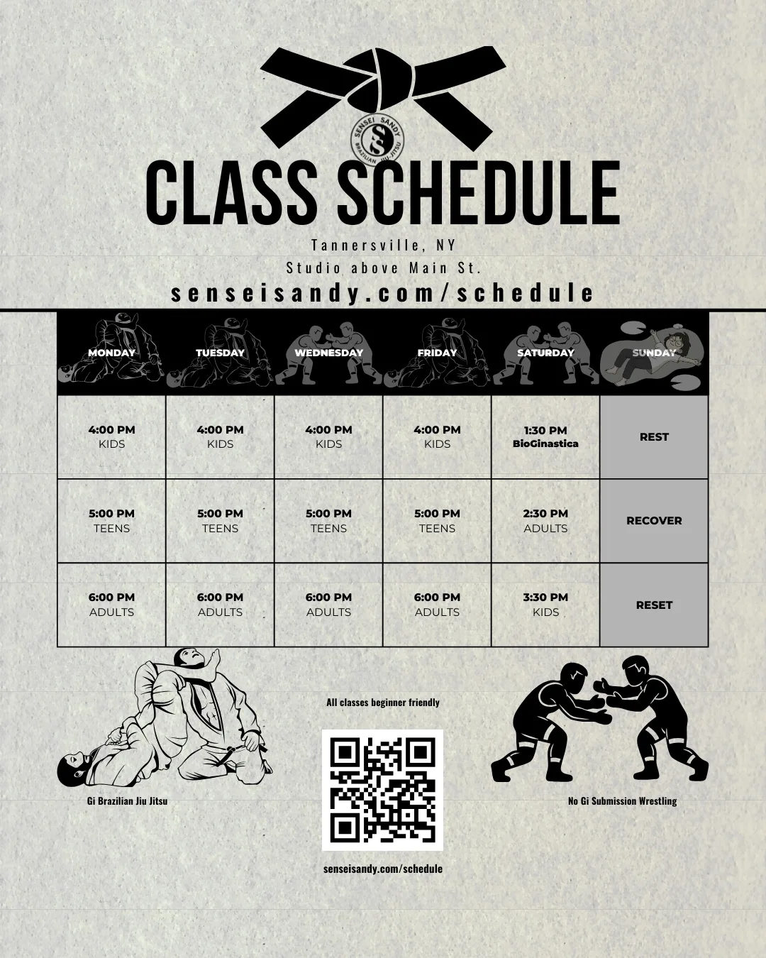 Sensei Sandy BJJ schedule poster for classes in Tannersville, New York