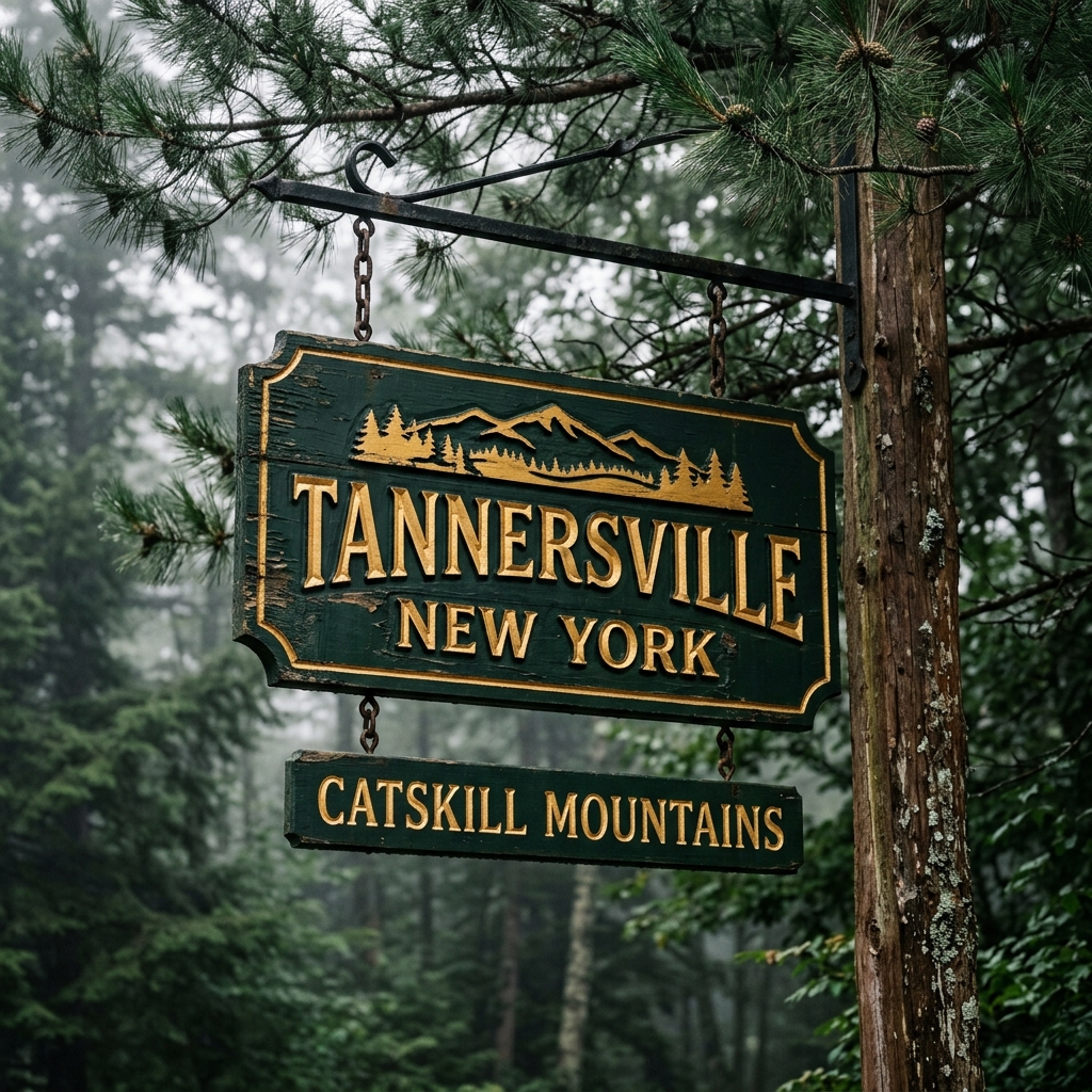 Rustic wooden sign reading Tannersville New York Catskill Mountains