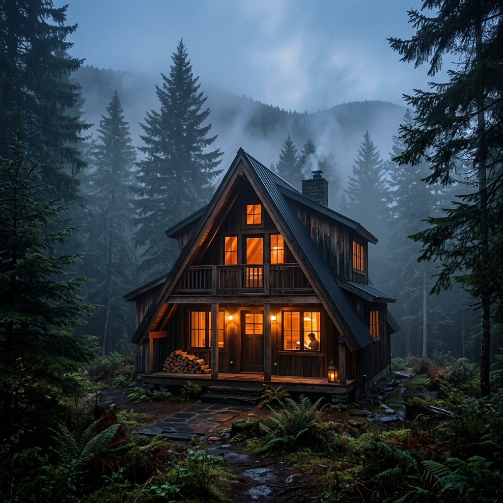 Cozy A-frame cabin in a foggy forest